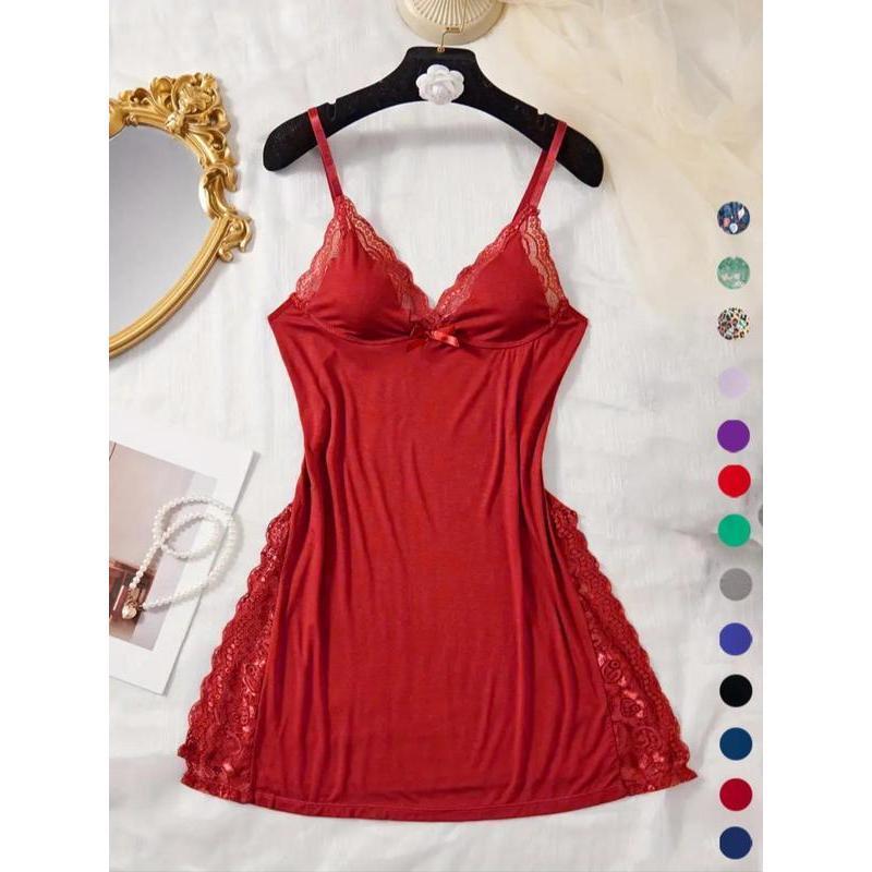 Women's Contrast Lace Bow Front Split Backless Cami Nightdress, Sleep Dress for Women, Soft Comfortable Solid Spaghetti Strap Nightgown, Night Dress for Women